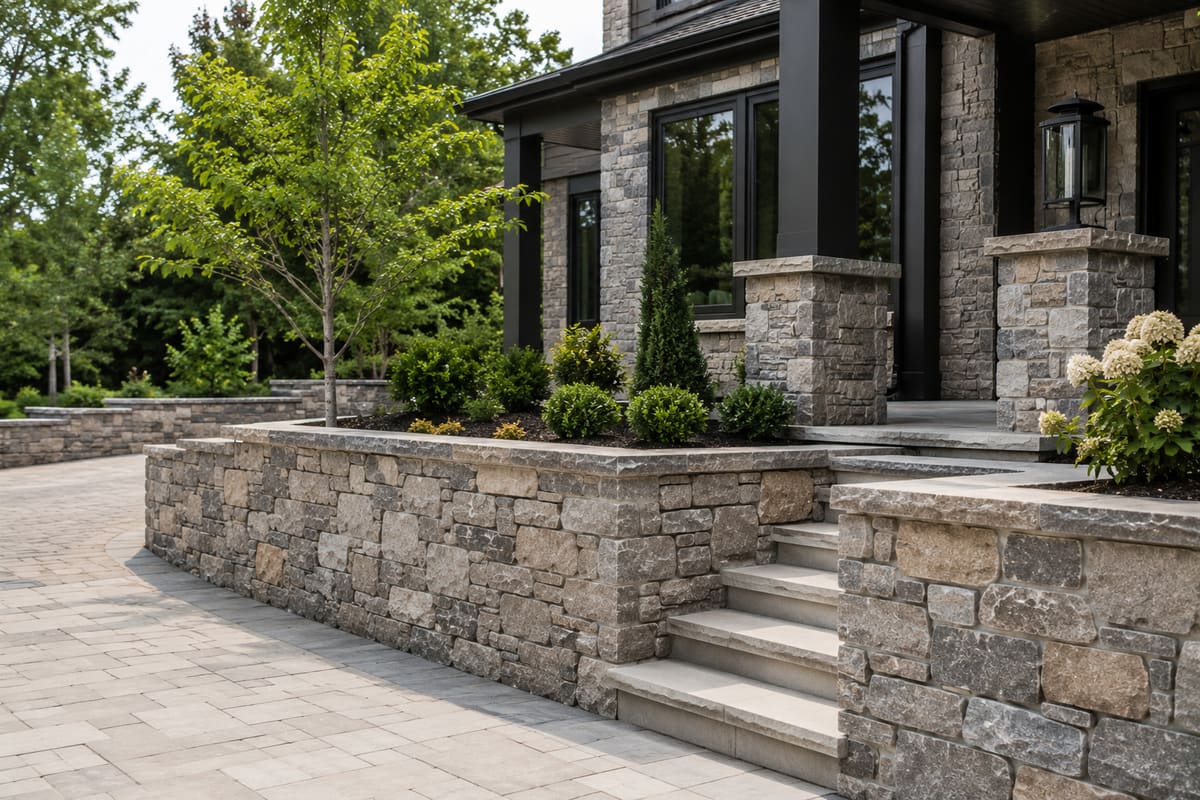 Stone Entry Steps & Retaining Wall by Padilla's Construction